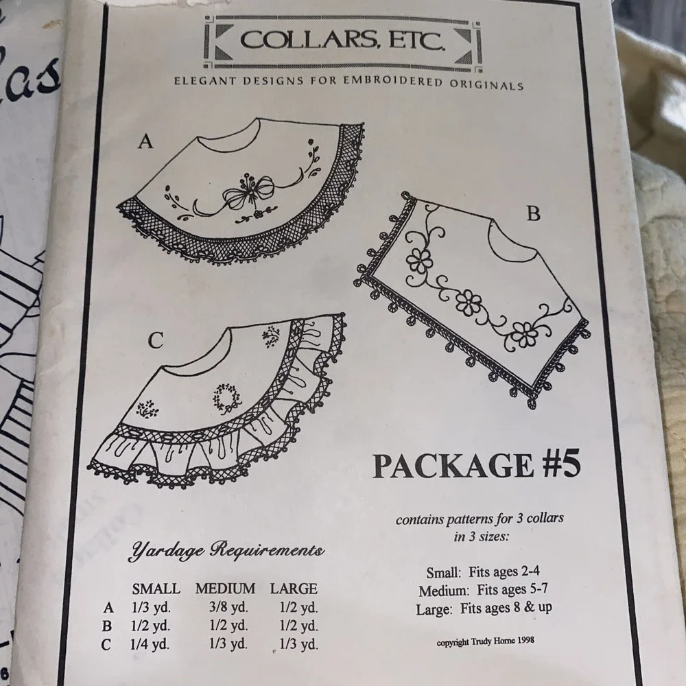 Vintage Collars Etc Trudy Horne Package 5 Sewing Pattern Embroidered 1998